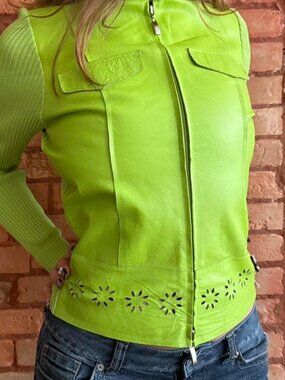 Y2K Vintage Green Leather Jacket Mixed Media Ribbed Fitted (S)